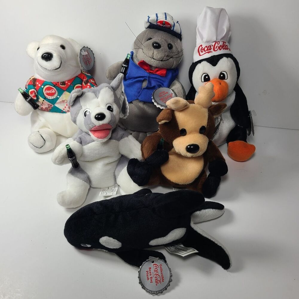 Set of 6 Coca-Cola North Pole and Polar Characters Bean Bag Plush Toys 1998 Bear